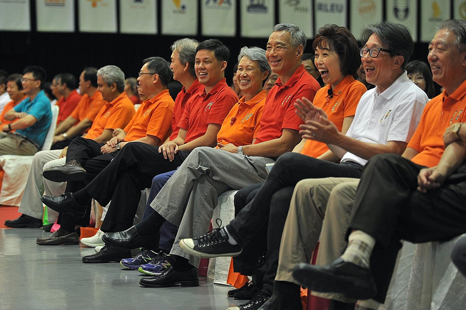 At the May Day Rally yesterday were (from left) Singapore National Employers Federation president Robert Yap, labour chief Chan Chun Sing, Mrs Lee, Prime Minister Lee Hsien Loong, NTUC president Mary Liew, Manpower Minister Lim Swee Say and Deputy Pr