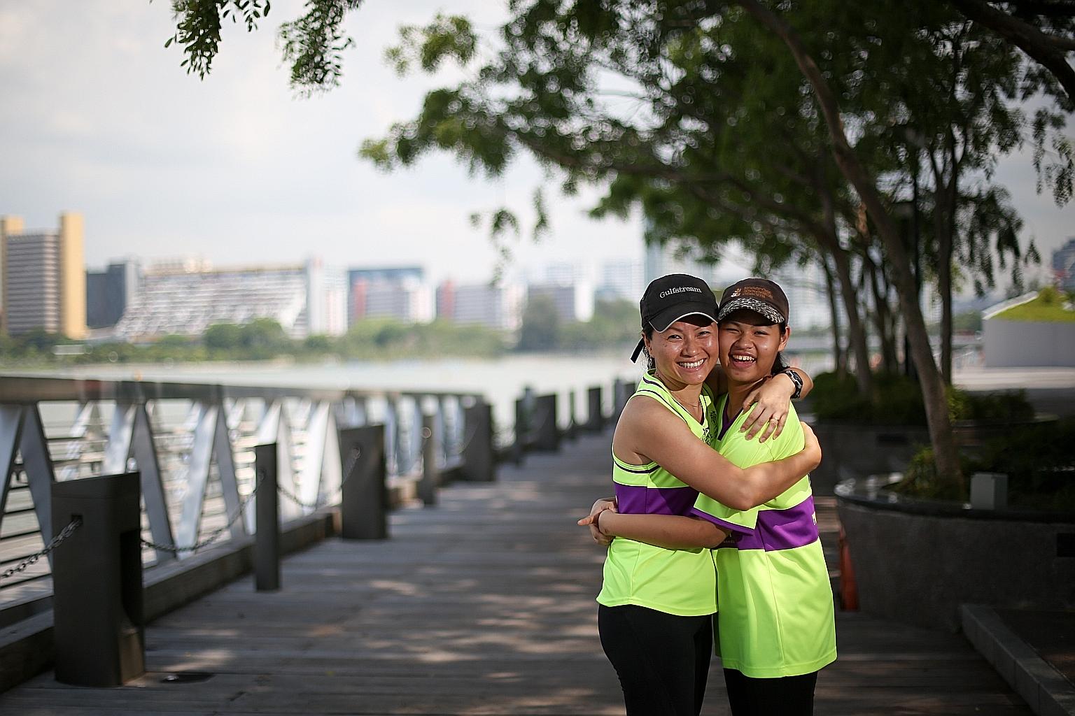 Ms Chia (left) encourages her daughter Gwendoline to take up sports through several programmes, one being Runninghour. Now, she can run 5km in under an hour.