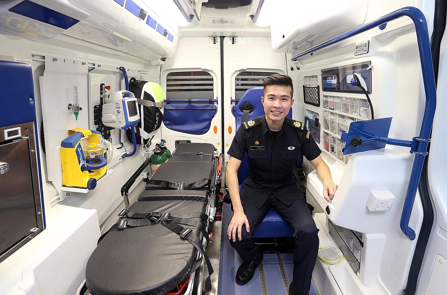 SSG Yeo in the new ambulance, which has a seamless interior that can be quickly decontaminated.