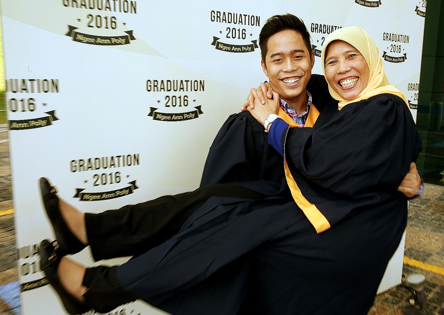 Madam Serimaryati will receive her Diploma in Health Sciences (Nursing) on Wednesday, while her son, Mr Aniqq, 22, will get his Electronic and Computer Engineering diploma tomorrow.