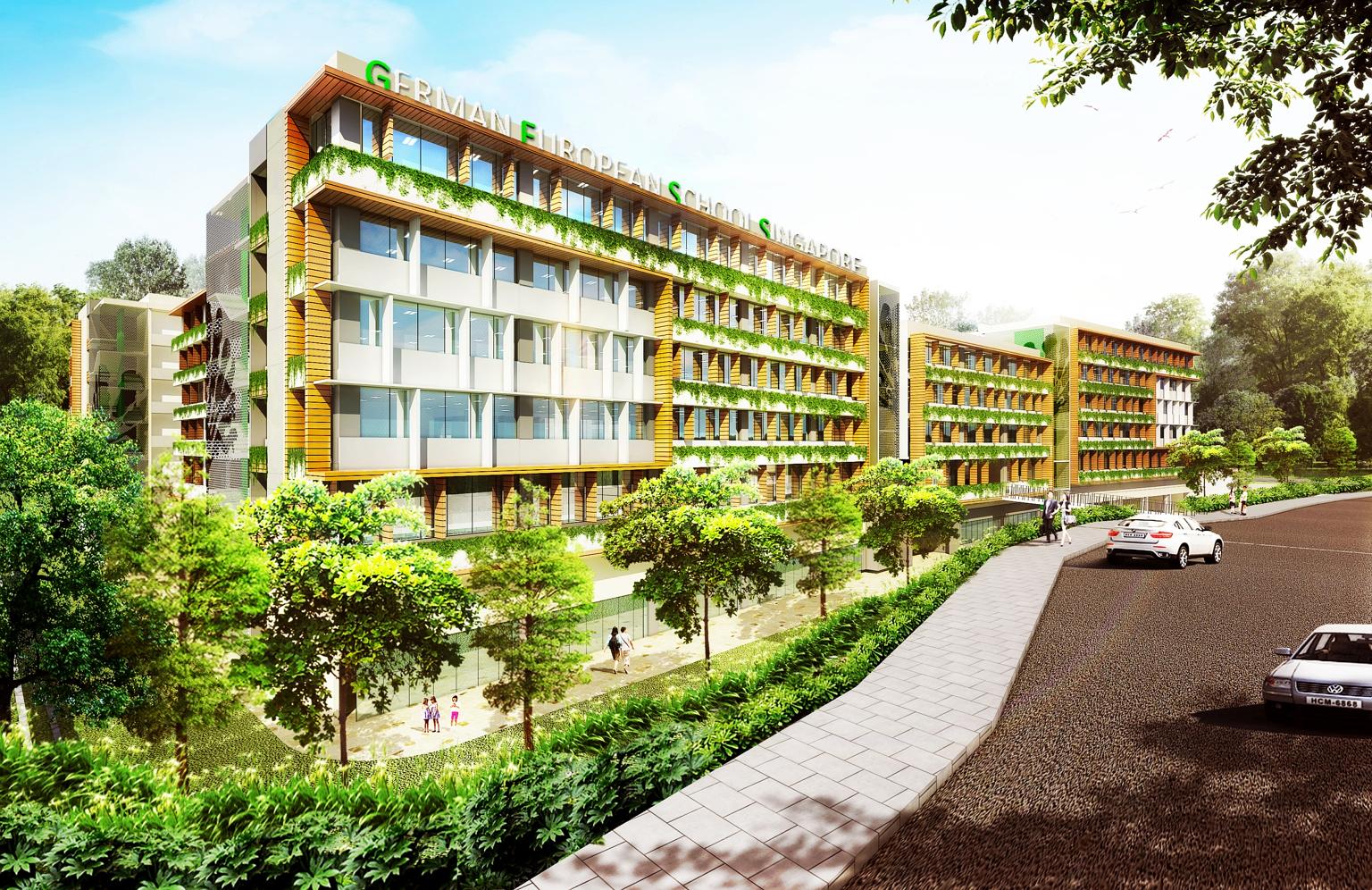 An artist's impression of the $135 million GESS campus. It will have environmentally friendly features in its building design, such as vertical greenery, a rainwater-harvesting system and rain garden to irrigate the plants and filter rainwater runoff