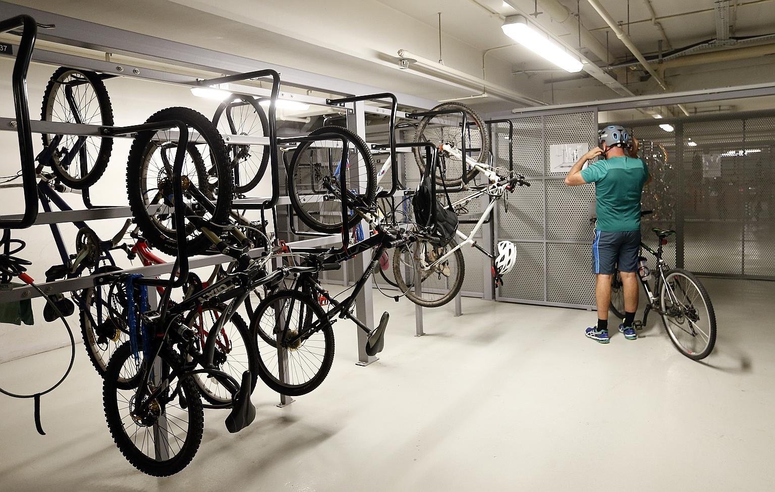 A bicycle park at Asia Square Tower One. Under the Walking and Cycling Plan announced last week, cycling and walking facilities will be incorporated when buildings are designed, starting from July.