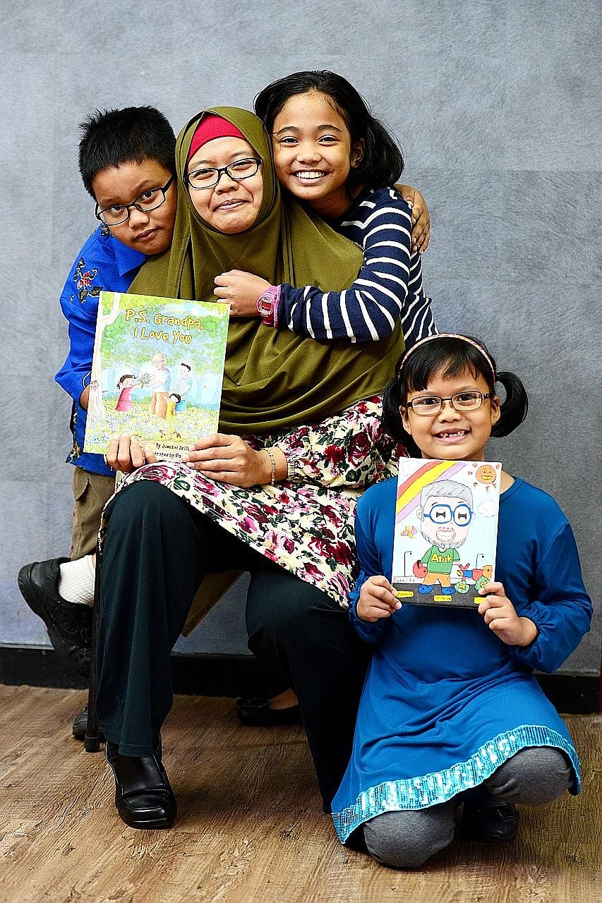 Ms Jumaini with her children, son Umair Raes, and daughter Humaira Raes, and her niece Nur Athirah (in striped top). Her book, P.S. Grandpa, I Love You, will be launched by HCA Hospice (Care) at the Asian Festival of Children's Content at the Nationa
