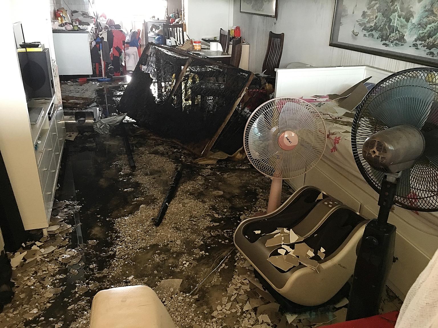 The blaze was confined to a bedroom. SCDF officers forced open the door to the flat and extinguished the fire with two water jets within 10 minutes. No one was in the unit.