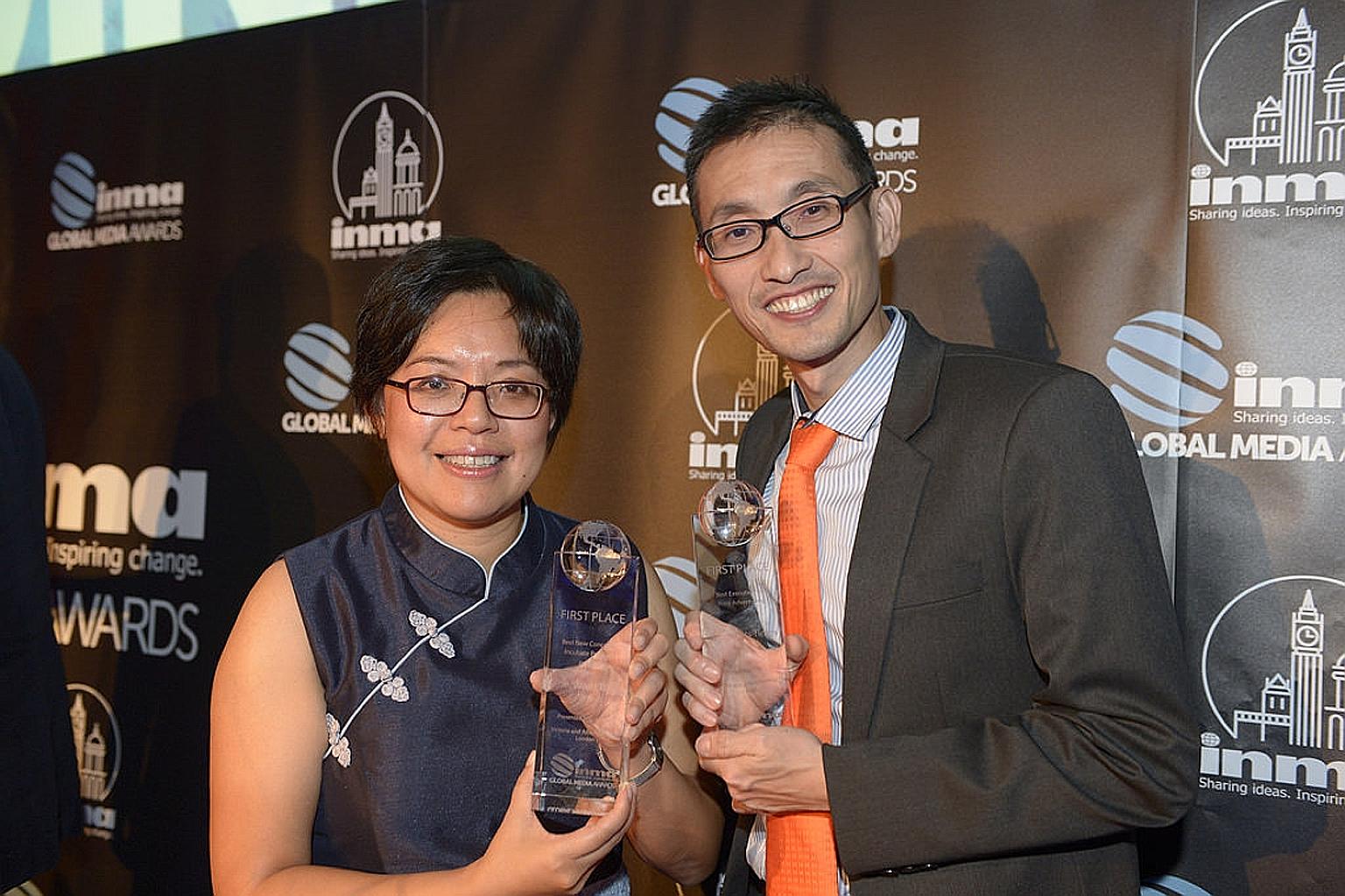 ST business editor Lee Su Shyan and Mr Jerry Siah, head of operations in SPH's marketing division, at the Inma Global Media Awards ceremony held at London's Victoria and Albert Museum on Tuesday night.