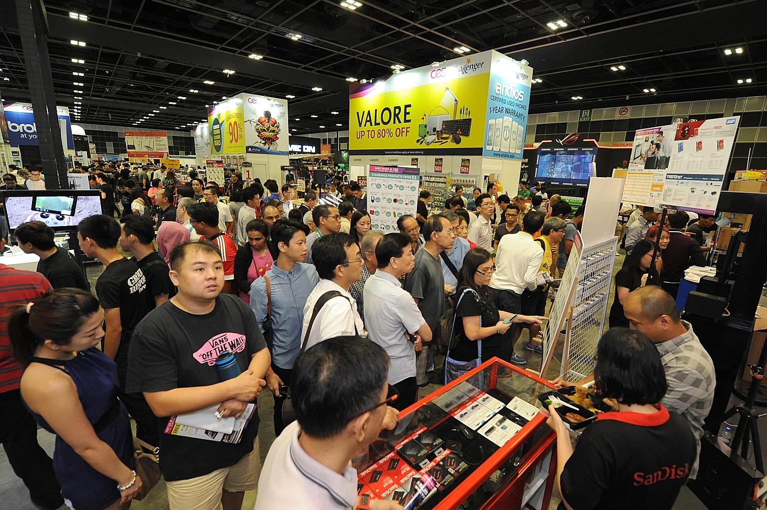 Thousands flocked to the Consumer Electronics Exhibition yesterday in search of a good deal on laptops, printers, smartphones, games and gaming hardware. Back for a second year, it is on at Halls 401 to 403, Suntec Singapore, until Sunday, from noon