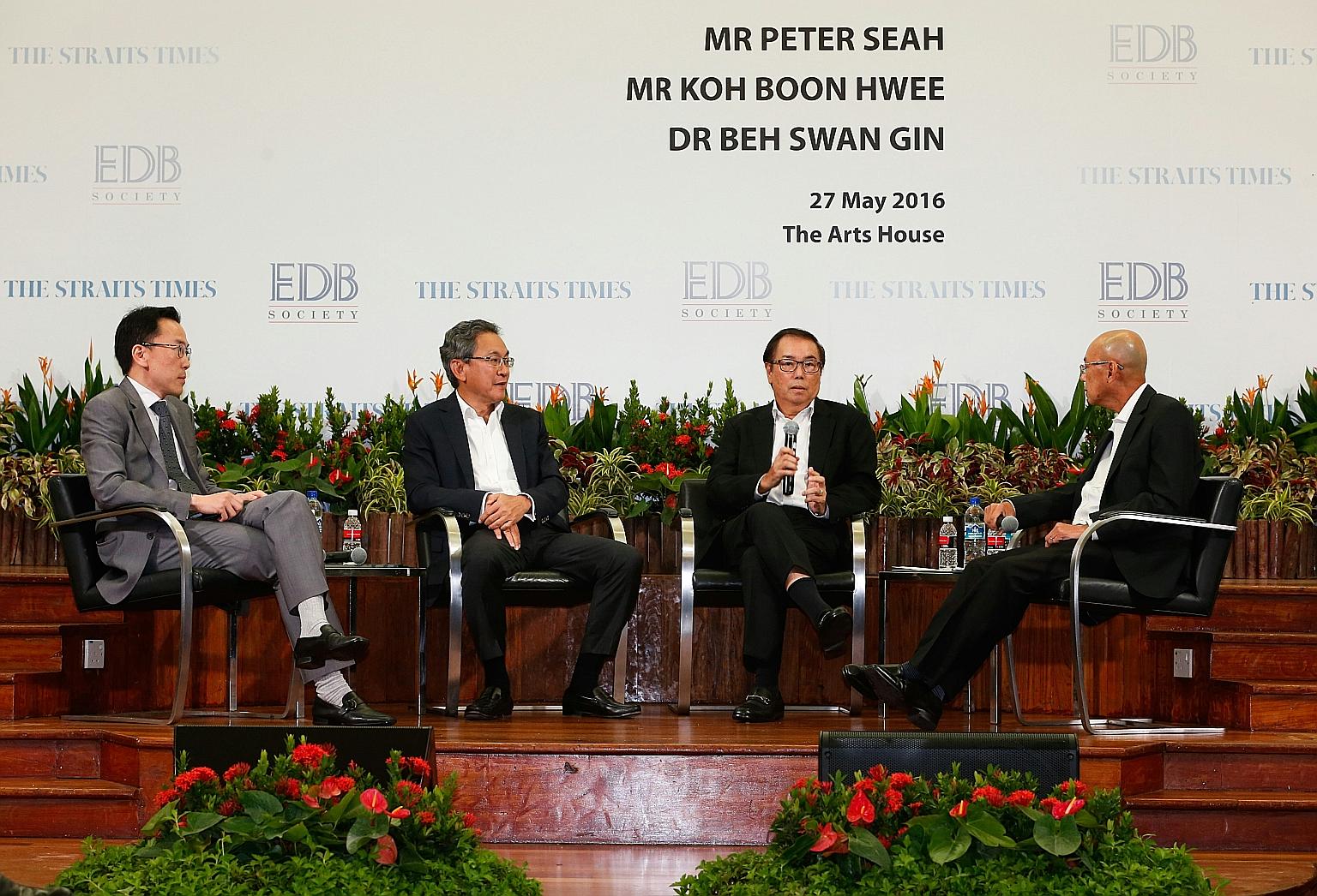 Discussing Singapore's prospects at the Arts House yesterday were (from left) EDB chairman Beh Swan Gin, businessman Koh Boon Hwee, veteran banker Peter Seah and forum moderator Han Fook Kwang.