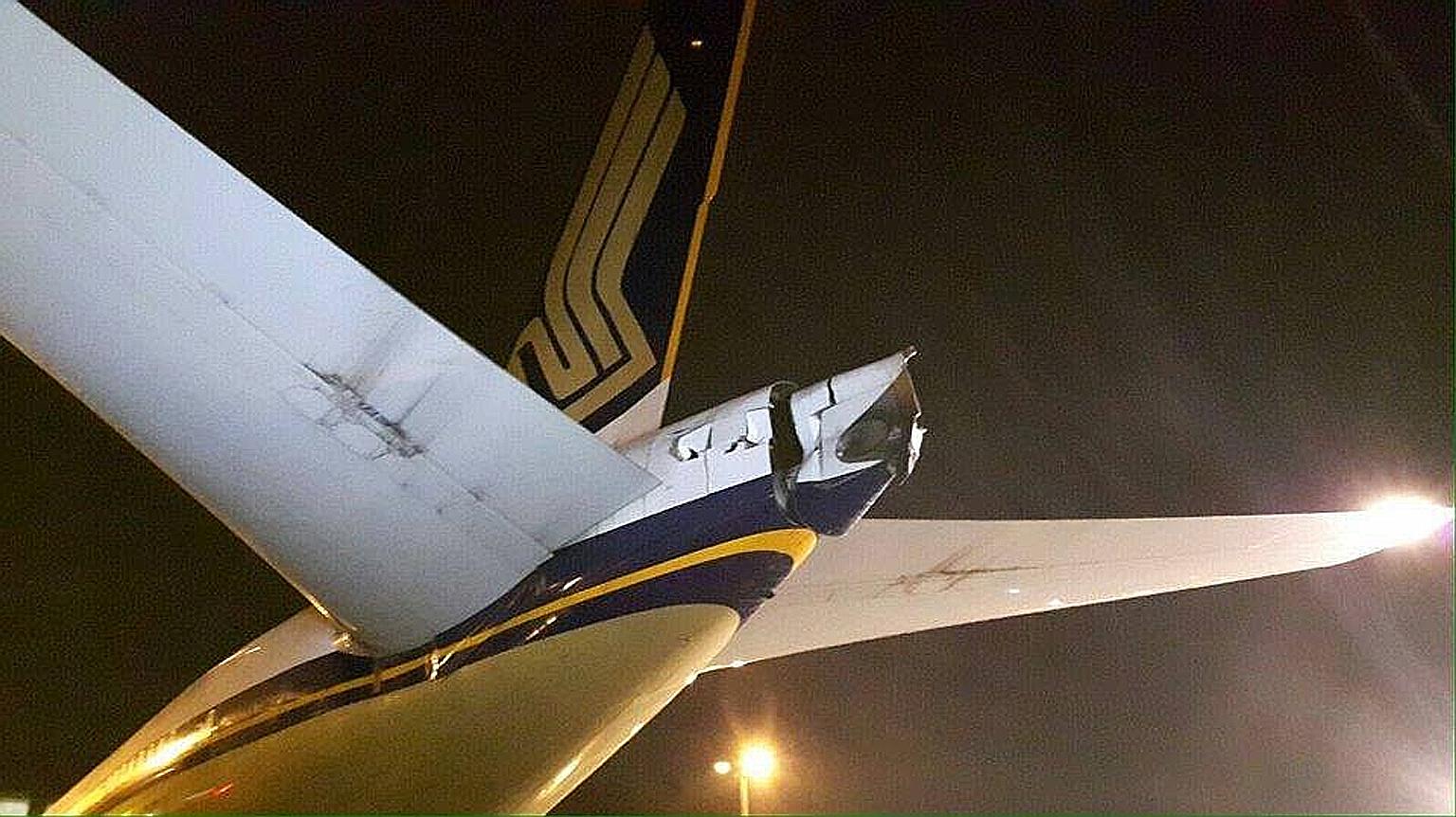 The tail cone of a Singapore Airlines (SIA) aircraft was damaged after it hit another plane that was being towed at Changi Airport on Monday evening. The incident was first reported by the Airline Hub Buzz website yesterday, and SIA later confirmed i