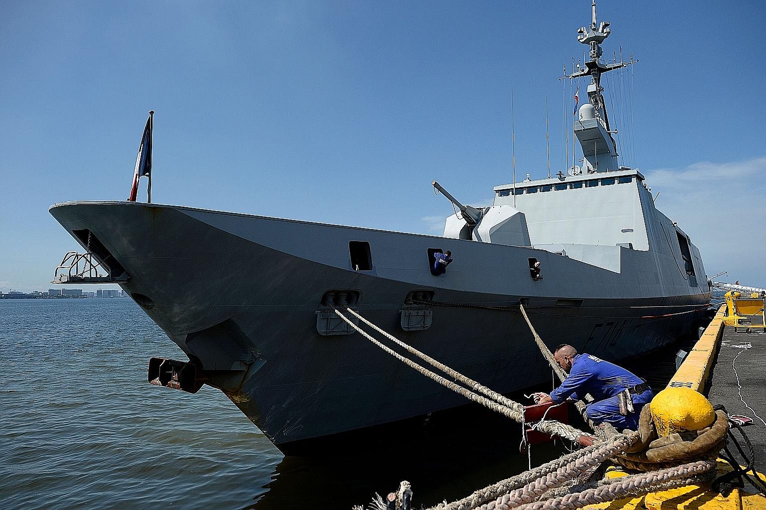 The French navy's Guepratte a La Fayette stealth frigate docking in Manila for a goodwill visit last month. French Defence Minister Jean-Yves Le Drian has raised the possibility of a coordinated and more sustained European naval presence in the regio
