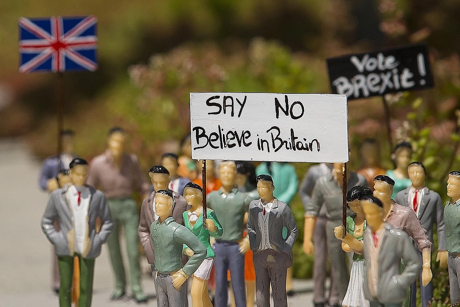 Miniature figures representing the debate for Britain leaving the EU on display at the Mini Europe theme park in Brussels, Belgium.