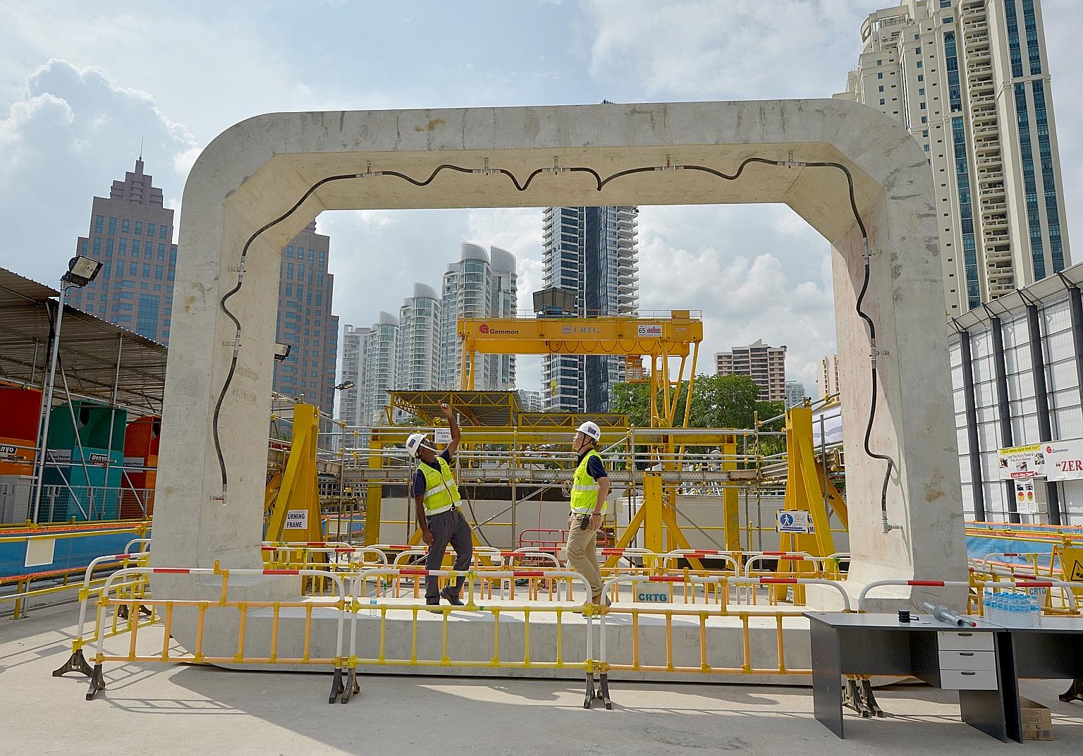 A concrete box ring for the underpass at Havelock MRT station. Weighing 47 tonnes and cast on site, such rings are then lowered into the excavated tunnel and pushed into place by giant hydraulic thrusters.