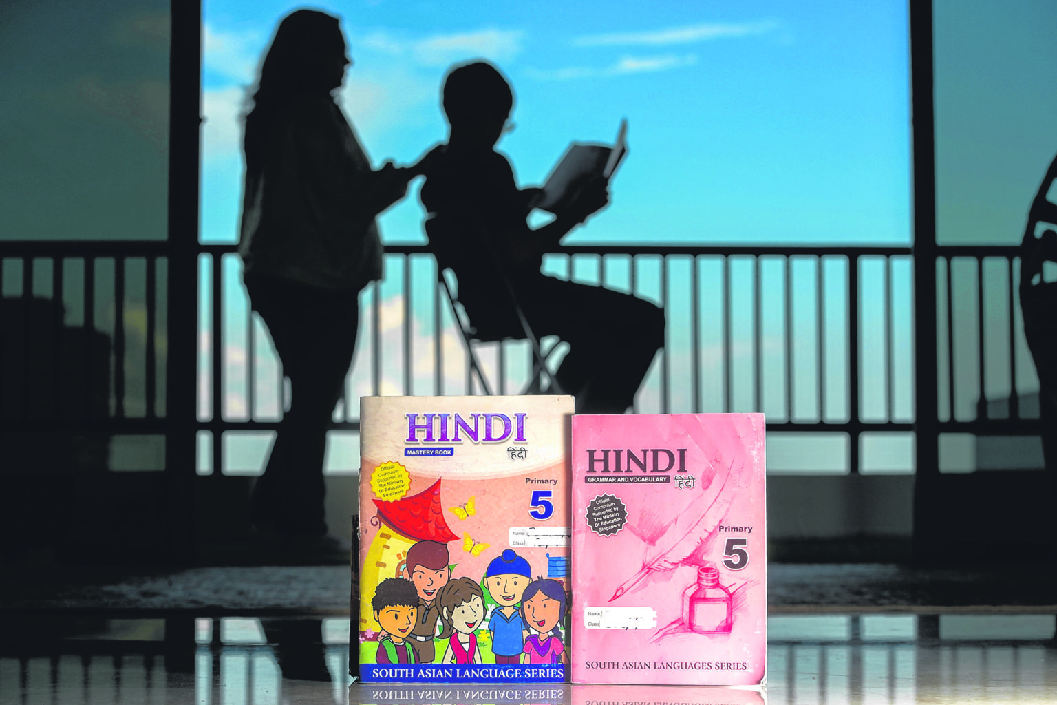 Ms Kompella, seen here with her son in silhouette, wants the Board for Teaching and Testing of South Asian Languages to return the papers so that students, like her son, who studies Hindi as a mother tongue, can learn from their mistakes and improve.