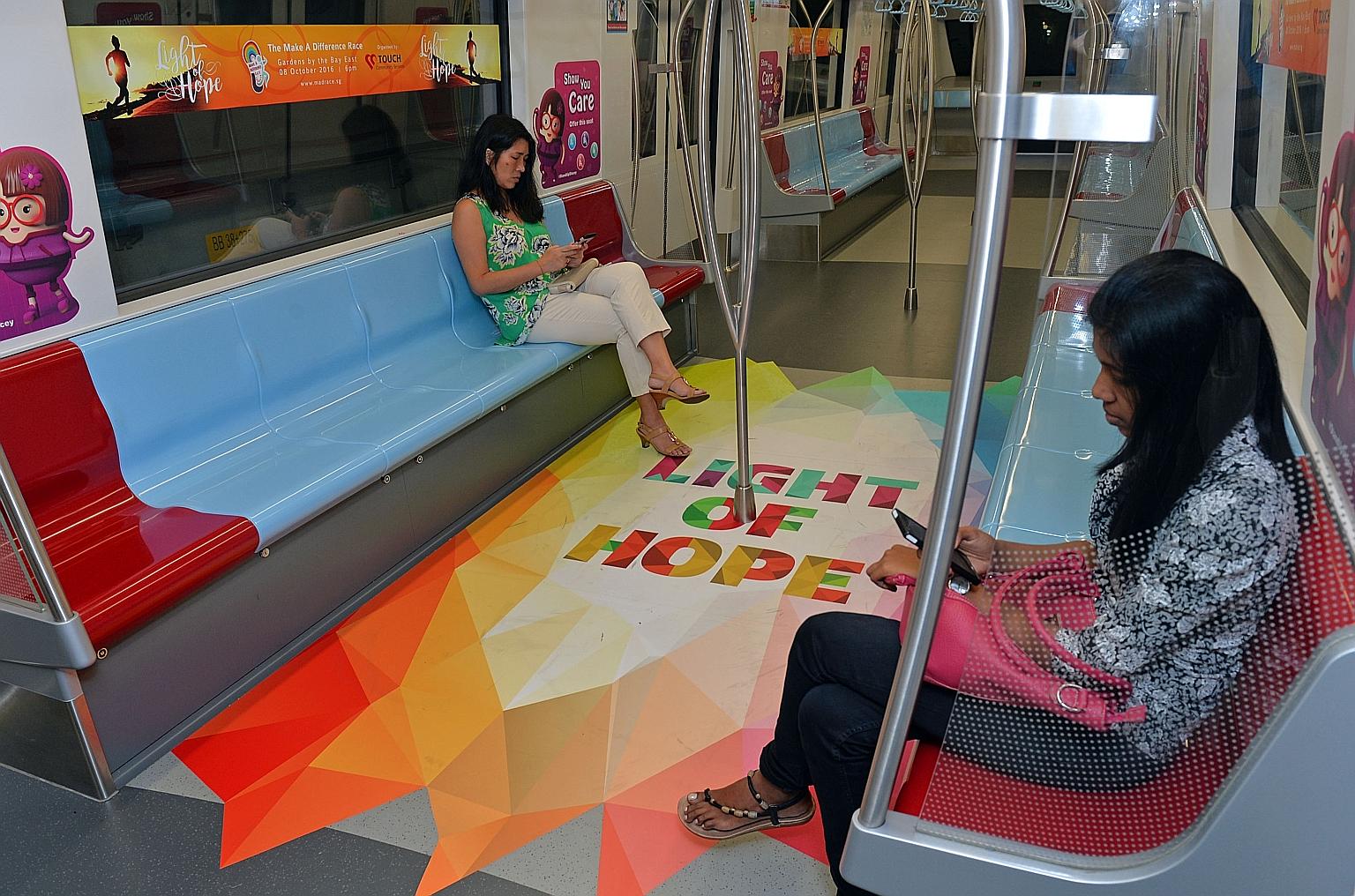 The specially commissioned train (above) is part of a promotion for a mental health awareness run that will take place on Oct 8 at Gardens by the Bay. The train will run on the 18-station Downtown Line until July 22 and be visible to around eight mil