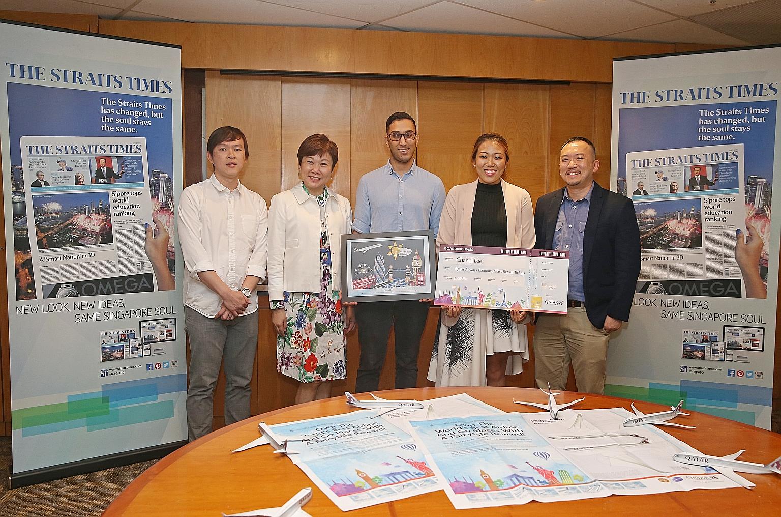 (From right) The Straits Times deputy editor Ignatius Low with grand prize winner Chanel Lee and her boyfriend, Mr Abbas Zafar, as well as SPH marketing chief Elsie Chua and Qatar Airways Singapore marketing officer Yew Jin Khoo at the prize-giving c