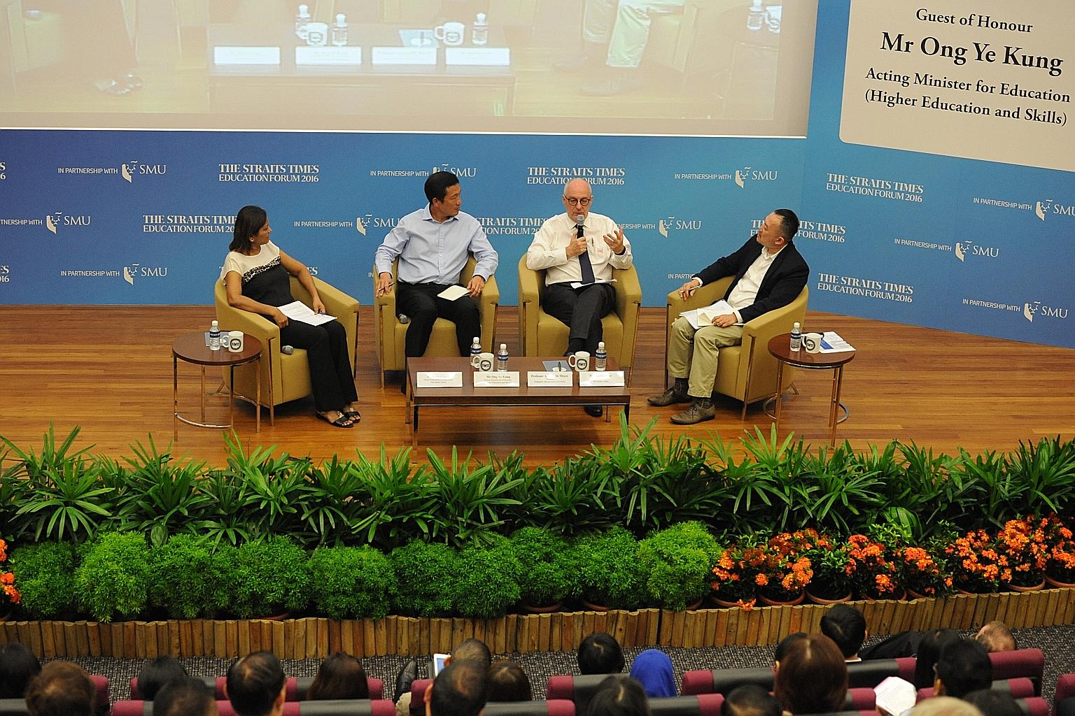 (From left in photo) ST senior education correspondent Sandra Davie, Acting Education Minister (Higher Education and Skills) Ong Ye Kung, SMU president Arnoud De Meyer and ST deputy editor Ignatius Low engaging in a lively discussion with the audienc