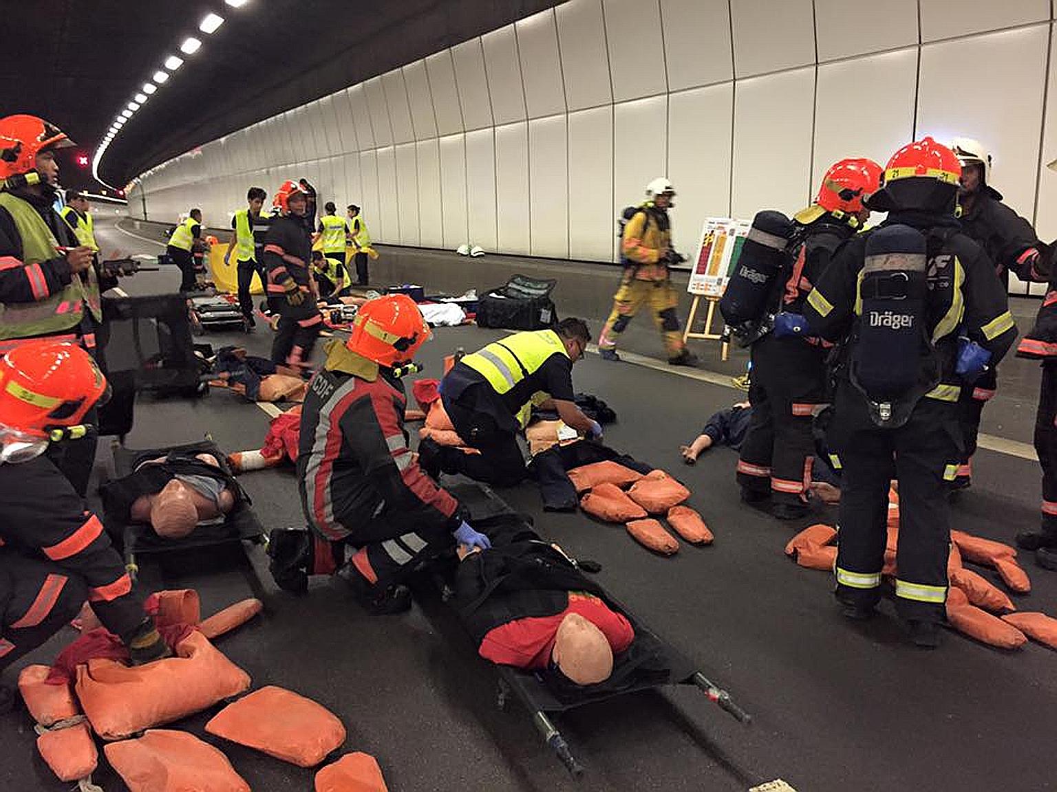 Paramedics and medical personnel rushed to the aid of "casualties" of a traffic accident on the Kallang-Paya Lebar Expressway (KPE) in the wee hours of yesterday morning in a simulated scenario that tested their emergency response skills. The 90-minu