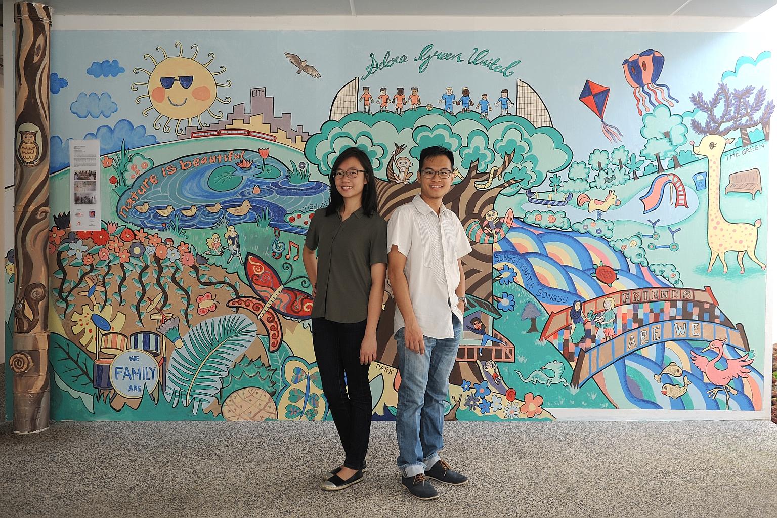 Ms Hoo Xin Yu and her husband Gilbert Cher kickstarted a community project involving some 100 residents to paint a mural on one of the void deck walls.