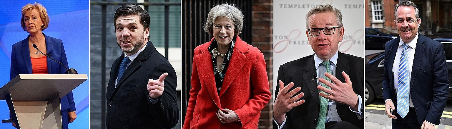 The five Conservative Party leaders in the race to be the next British prime minister are (clockwise from far left) Minister of State for Energy Andrea Leadsom, Work and Pensions Secretary Stephen Crabb, Home Secretary Theresa May, former defence sec