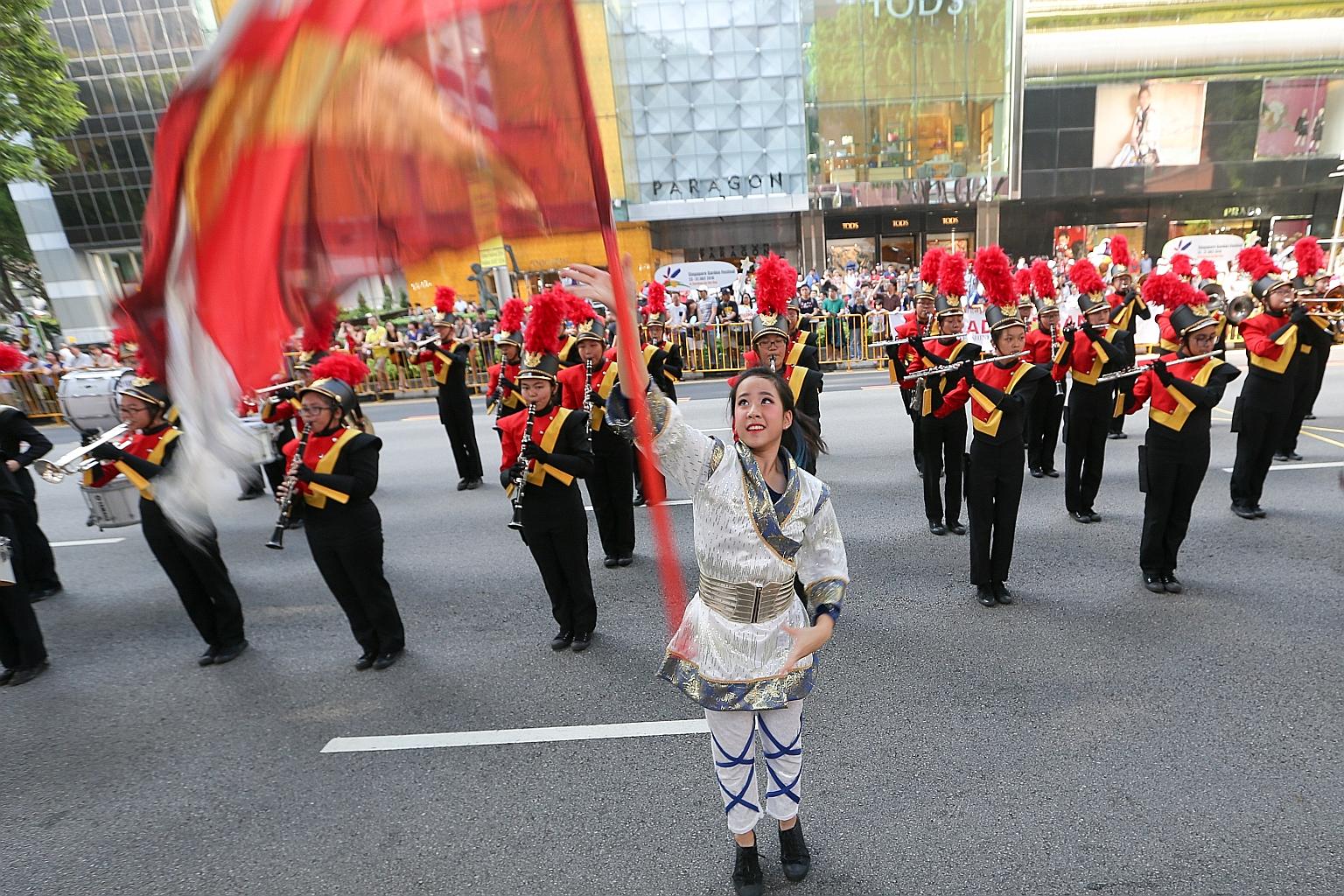 West Spring Display Band from West Spring Secondary School performing on Saturday in Parade of Bands in Orchard Road. Their route stretched from Ion Orchard to Paragon.