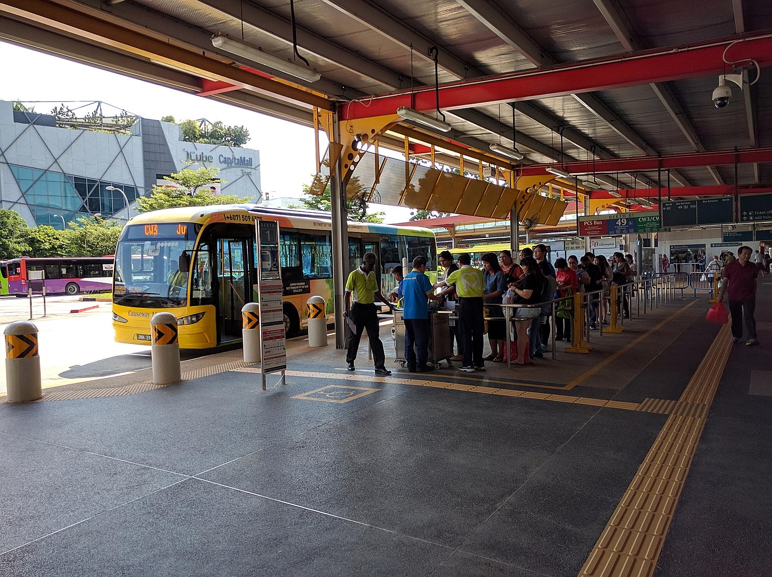 About 30 people were waiting for the CW3 Causeway Link service to Taman Bukit Indah in Johor Baru at Jurong East Bus Interchange around 4pm yesterday.