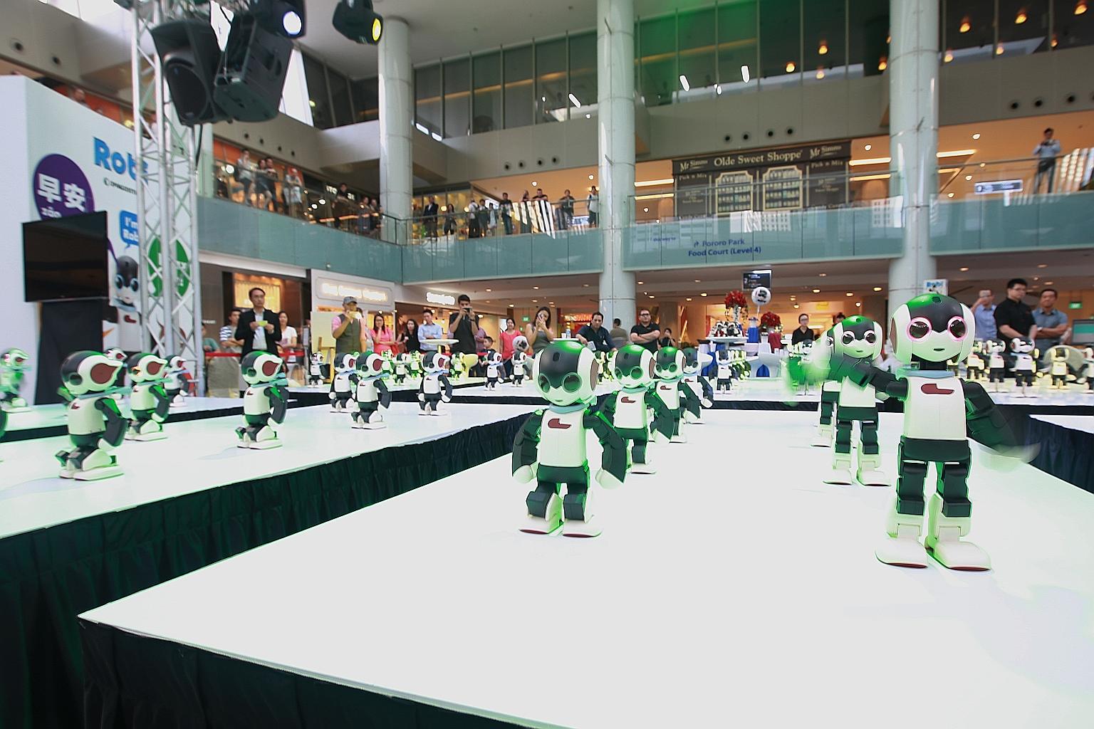 At the launch of the Singapore version of Robi at Marina Square yesterday, a hundred of the robots performed a short dance routine. The robot is hugely popular because it can walk and move fluidly and has an endearing personality.