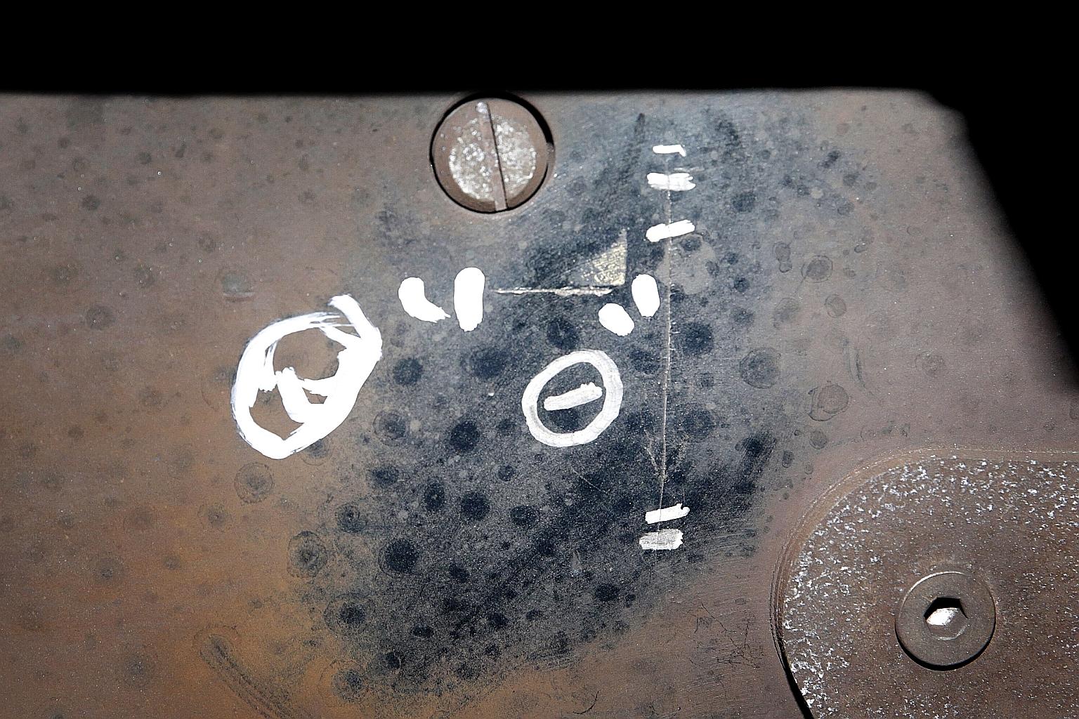 A hairline crack measuring just under 5cm seen on the car-body bolster of a train at Bishan depot.