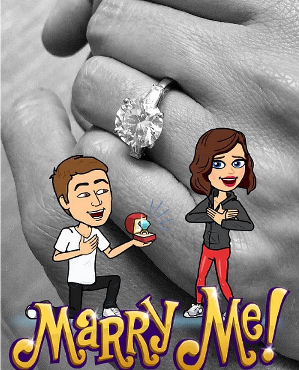 Miranda Kerr announced billionaire Evan Spiegel's (both left) proposal to her on Instagram (above).