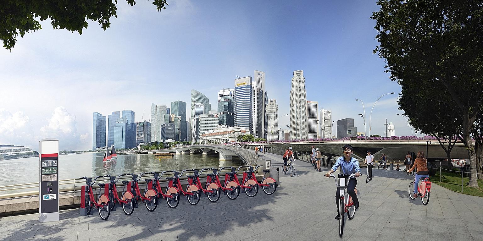 An artist's impression of the proposed bicycle-sharing infrastructure in Marina Bay-City Centre. The LTA said that whether the bicycle-sharing scheme will expand beyond the Jurong Lake District depends on the quality of the proposals it is asking for