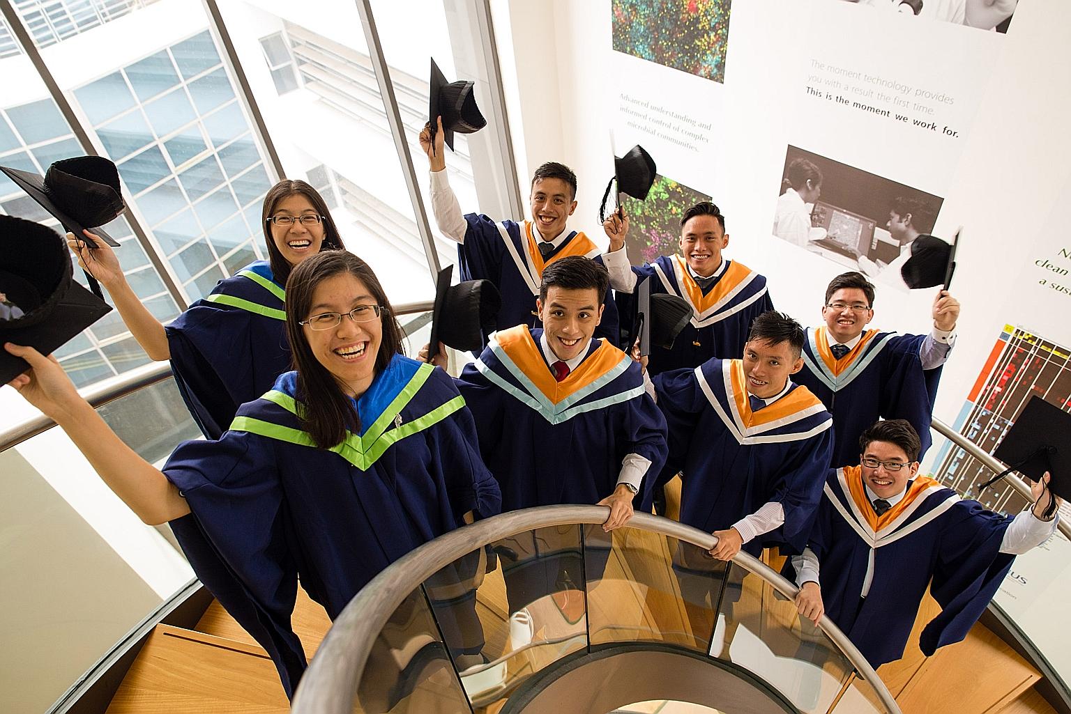 Graduating from NTU this year are (front row, from left) Ms Wong Jyun Yir, Mr Alphonsus Seng, Mr Liu Zongsheng, Mr Loh Yun Xuan and their respective twins (back row, from left) Ms Wong Jyun Yao, Mr Alphonso Seng, Mr Liu Zongli and Mr Loh Yun Xian.
