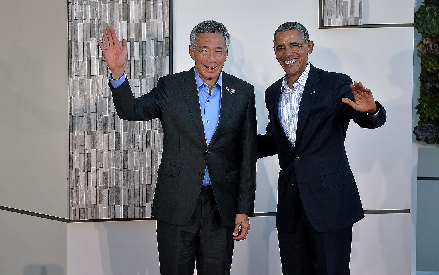 PM Lee and Mr Obama in a photo taken at the US-Asean summit held in California on Feb 15. PM Lee arrived in Washington, DC yesterday to begin his official visit to the US and will be hosted by the US President to a state dinner at the White House tom