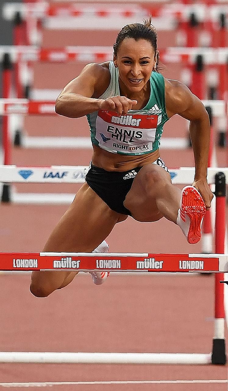 British heptathlete Jessica Ennis-Hill clearing a hurdle at last month's Diamond League Anniversary Games in London. She is bidding to become the third new mum to retain an Olympic title.