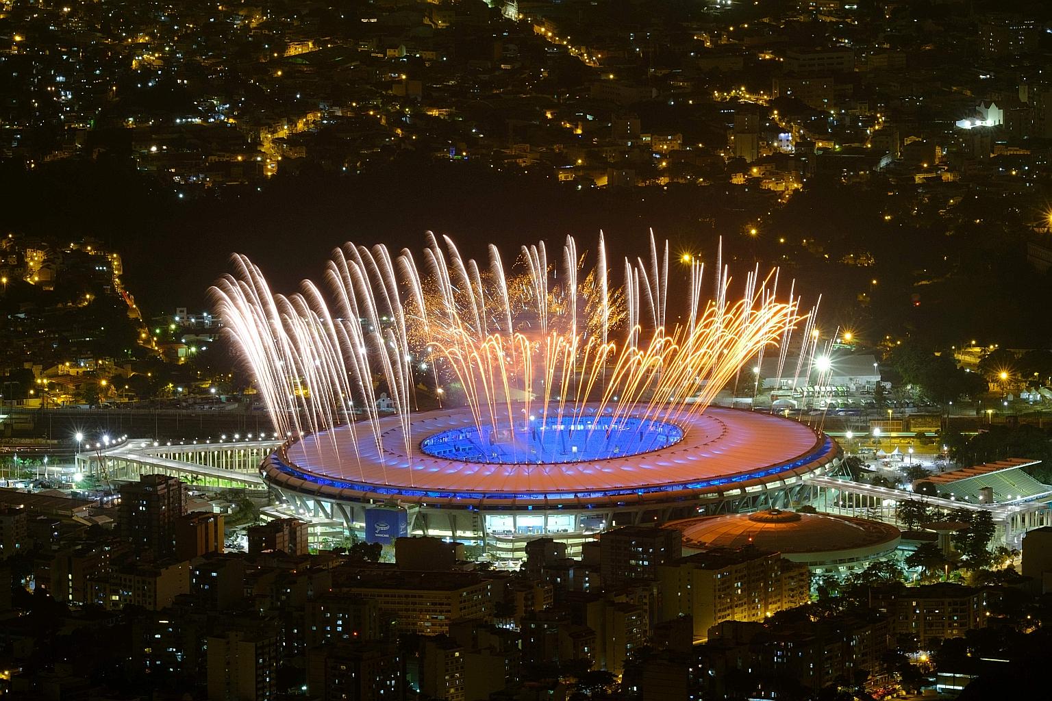 Fireworks during a rehearsal of the Games opening ceremony in Rio de Janeiro on Wednesday. It is understood that the new deal, inked ahead of this morning's opening ceremony, will allow Mediacorp to get five of Dentsu's 12 feeds, including coverage o