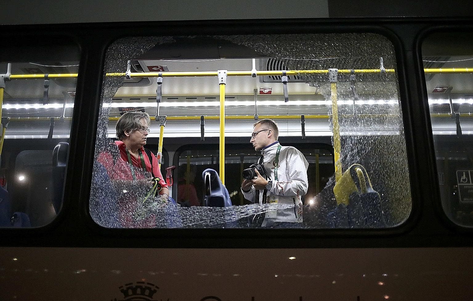 Broken windows on an official media bus which shattered when journalists were driven from the Main Transport Mall from the Deodoro venue were originally feared to be caused by gunfire. But it turned out to be an "act of vandalism" carried out with ro