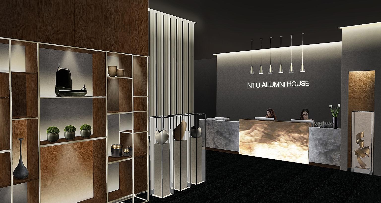 An artist's impression of the reception area at the NTU alumni house at Marina Square, which is slated to open in November this year. It is a mega 10,000 sq ft clubhouse - equivalent to nine five-room flats - with facilities that include a restaurant