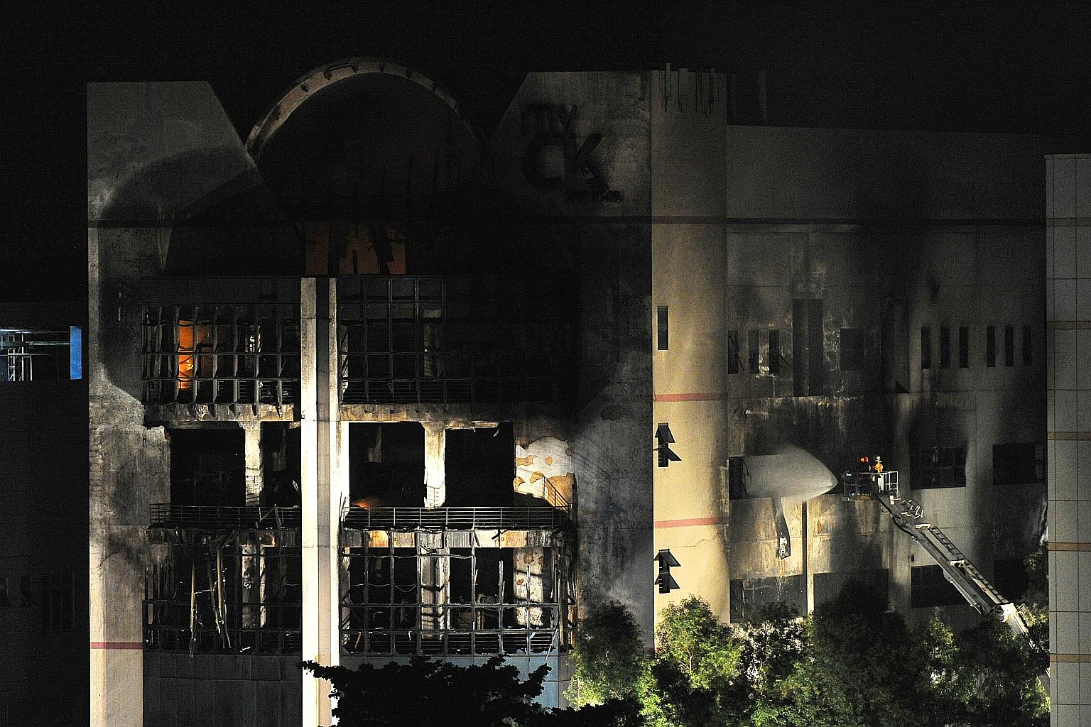 SCDF firefighters put out the flames around 6am yesterday after a 161/2-hour battle. No injuries were reported but a firefighter was taken to hospital with heat exhaustion and was discharged soon after. Sixty-seven people were evacuated from the $15