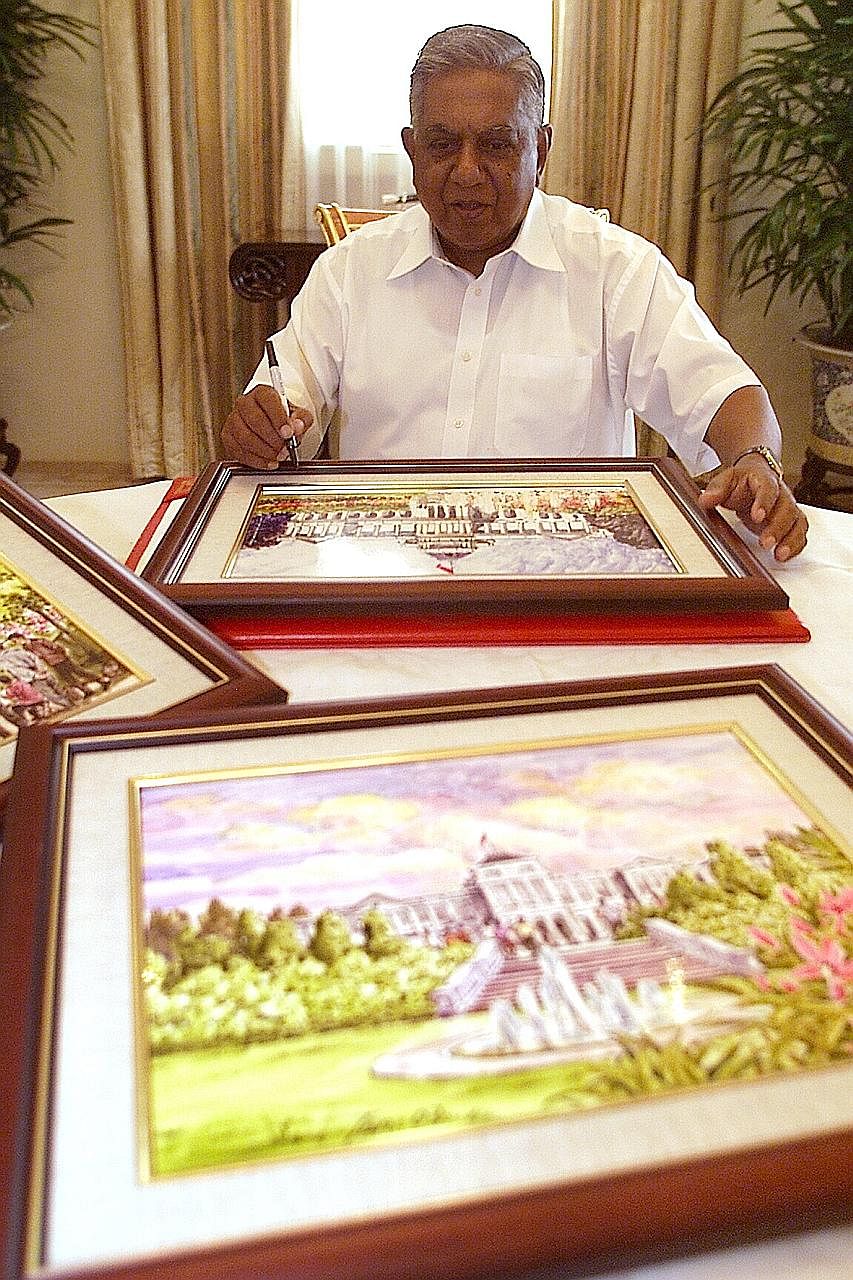 Then President S R Nathan signing his name on tile paintings to raise funds for the President's Challenge in 2003. Mr Nathan, who started his public service career as a seamen's welfare officer in 1956 and rose to become President of Singapore in 199