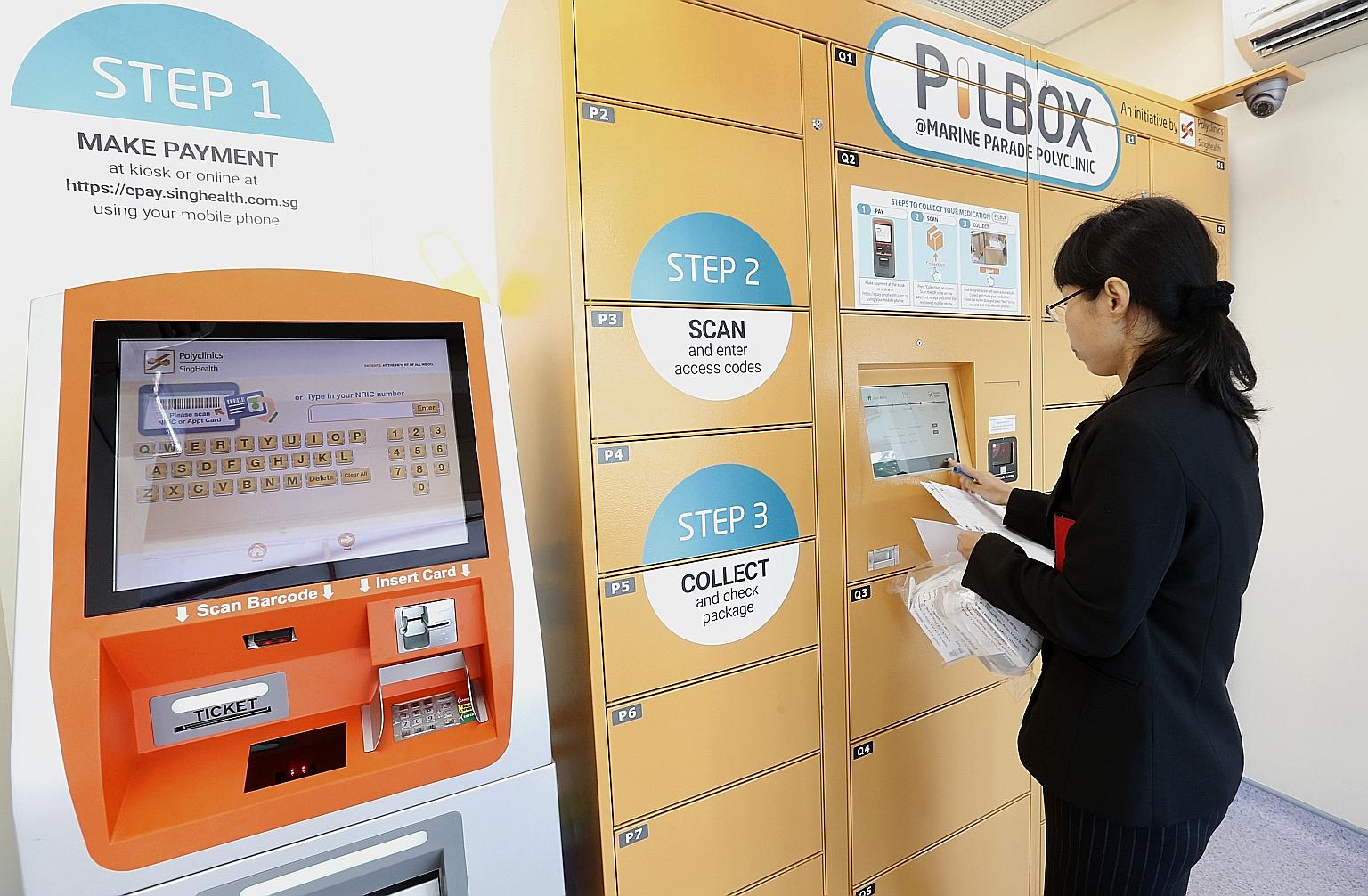 The Prescription in a Locker Box service at Marine Parade Polyclinic. To use it, patients with prescriptions must sign up for the service with pharmacy staff. They can then drop their prescription slips at the pharmacy and schedule a date to collect 