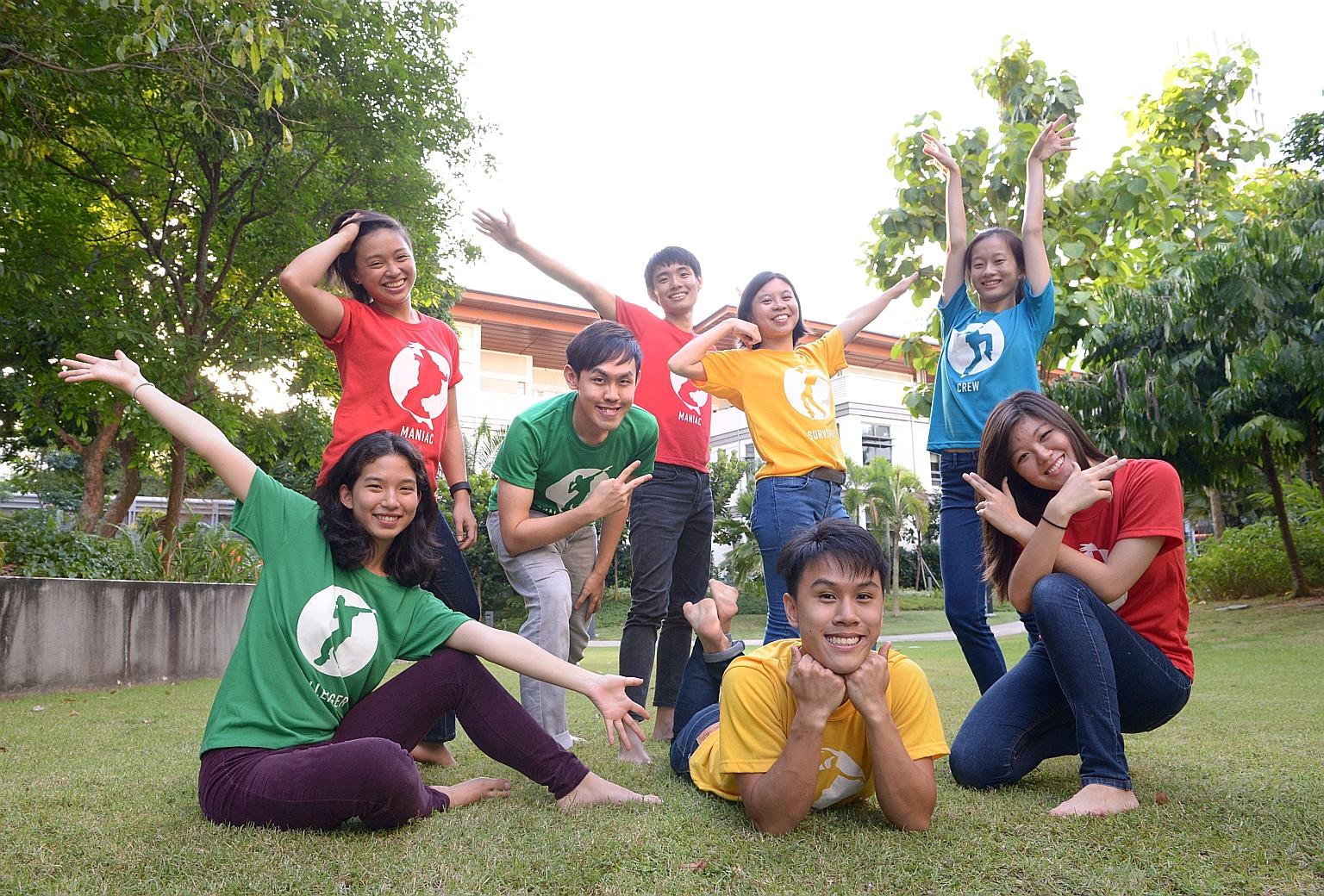 The team of NUS students organising the dance marathon. Clockwise, from left: Ms Anne Hwarng (in purple pants), Ms Zheng Xiaowen, Mr Shane Chen, Mr Everard Choo, Ms Rachel Fam, Ms Ellen Zeng, Ms Charlene Kwang and Mr Lai Wei Xuan.