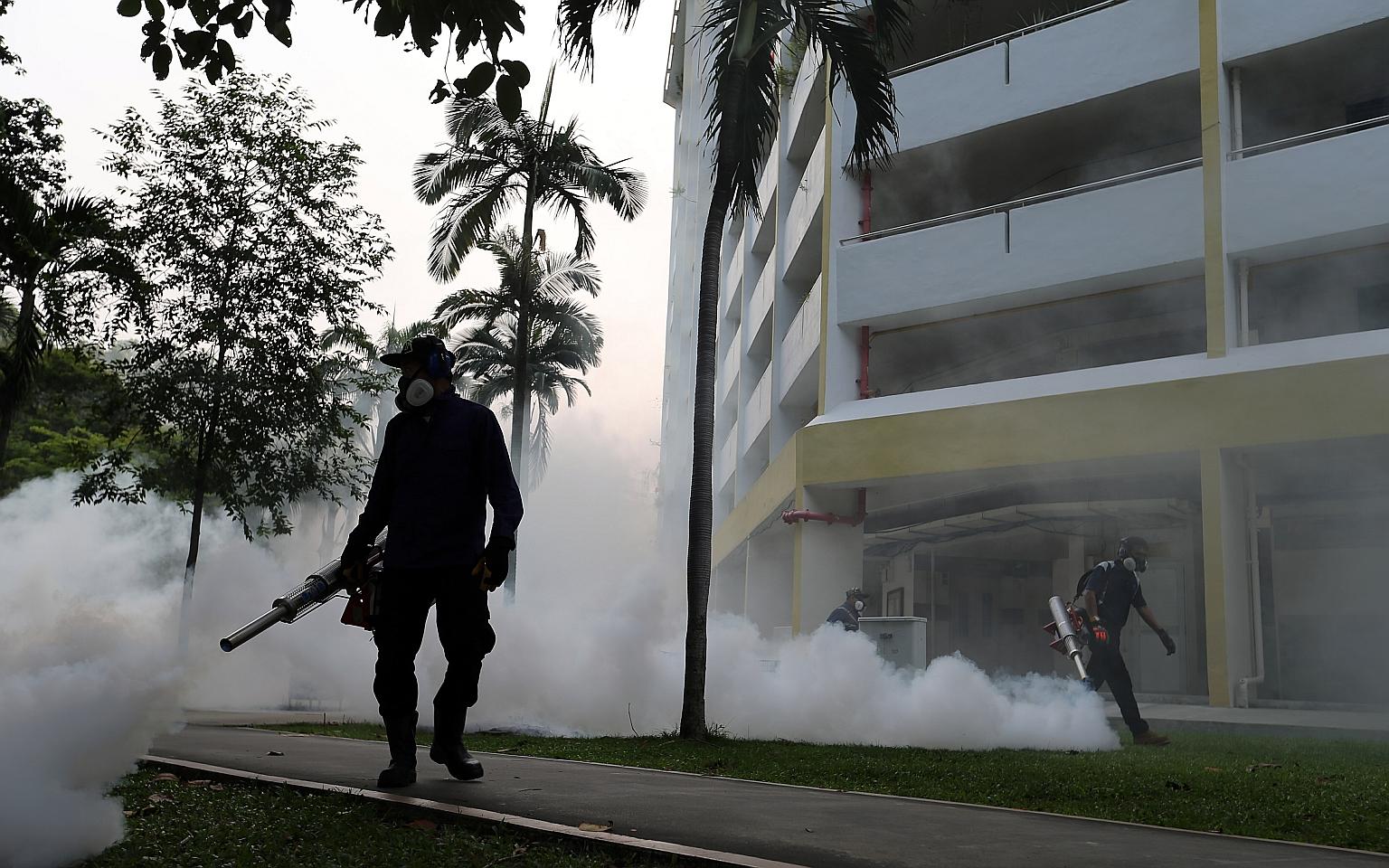 Fogging being done in Aljunied Crescent yesterday. Of the 41 people here infected with the Zika virus, 34 have fully recovered. The other seven, who still show symptoms and are potentially infectious, are recovering in hospital. All of them either li