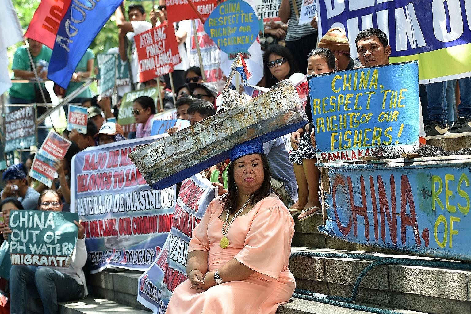 Activists at a protest in front of the Chinese Embassy in Manila on July 12, ahead of the tribunal ruling.