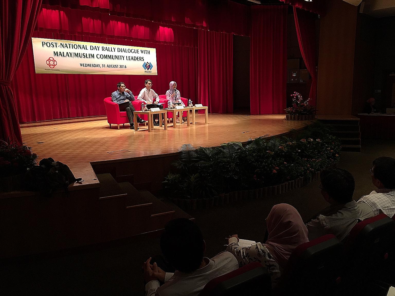 (From left) Dr Maliki, Dr Faishal and Ms Rahayu fielding questions from participants at the dialogue, which was held at the Grassroots Club in Yio Chu Kang yesterday.
