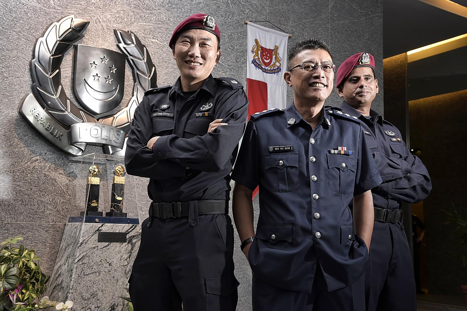 Among the newly appointed officers are (from left) ASP Tan Hoe Chye, 43; Supt Goh Tat Boon, 48; and Senior Station Inspector Mohammed Noh, 40. The scheme is part of efforts to attract more young people and retain good officers.