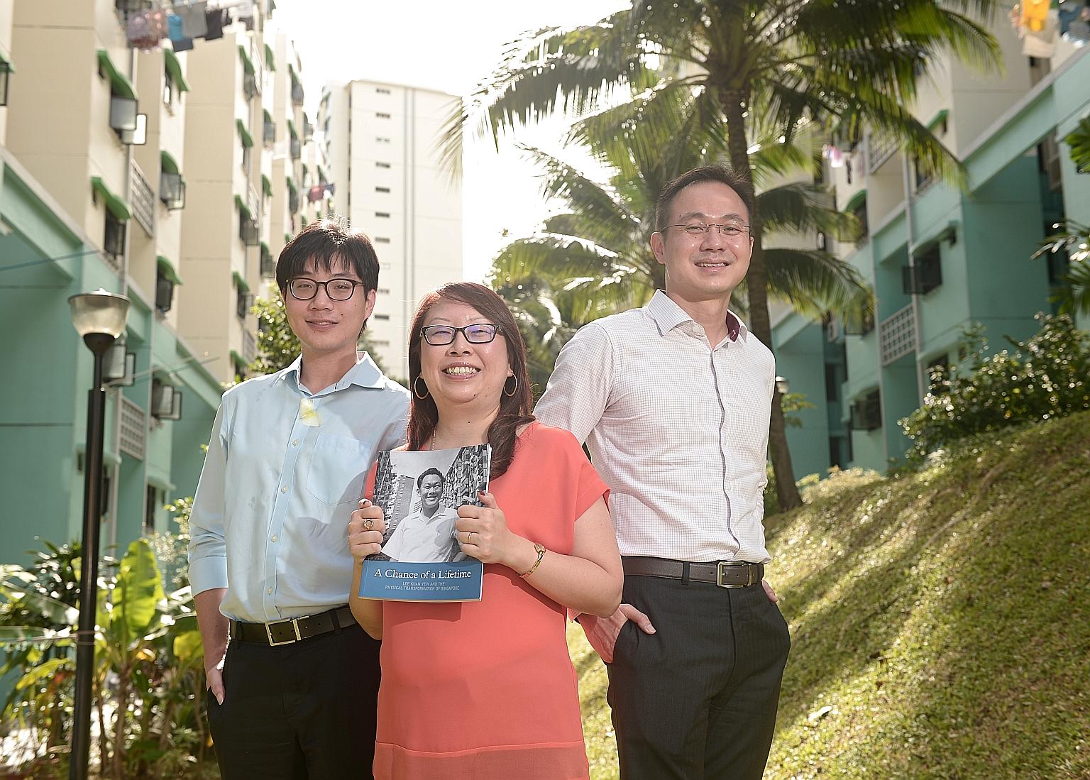 (From far left) Mr Cheong Kay Teck, Ms Joanna Tan and Mr Poon King Wang, members of A Chance Of A Lifetime's editorial team, are seen between Blocks 85 and 86 Commonwealth Close. Mr Lee Kuan Yew was also photographed here in May 1965; that image is o