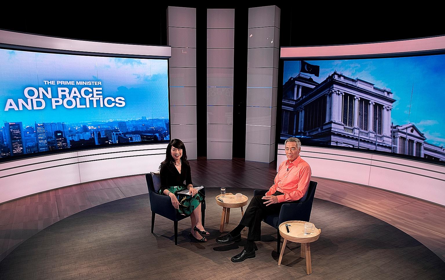PM Lee with Mediacorp's Debra Soon at the TV recording for The Prime Minister On Race And Politics, which was broadcast last night. He says that although all voters say they will vote for the best candidate, "that definition differs depending on whic