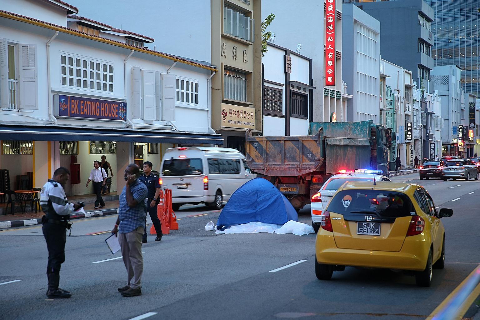 The scene of the fatal accident near Circular Road involving an elderly woman and a tipper truck. It is believed she was hit while jaywalking.