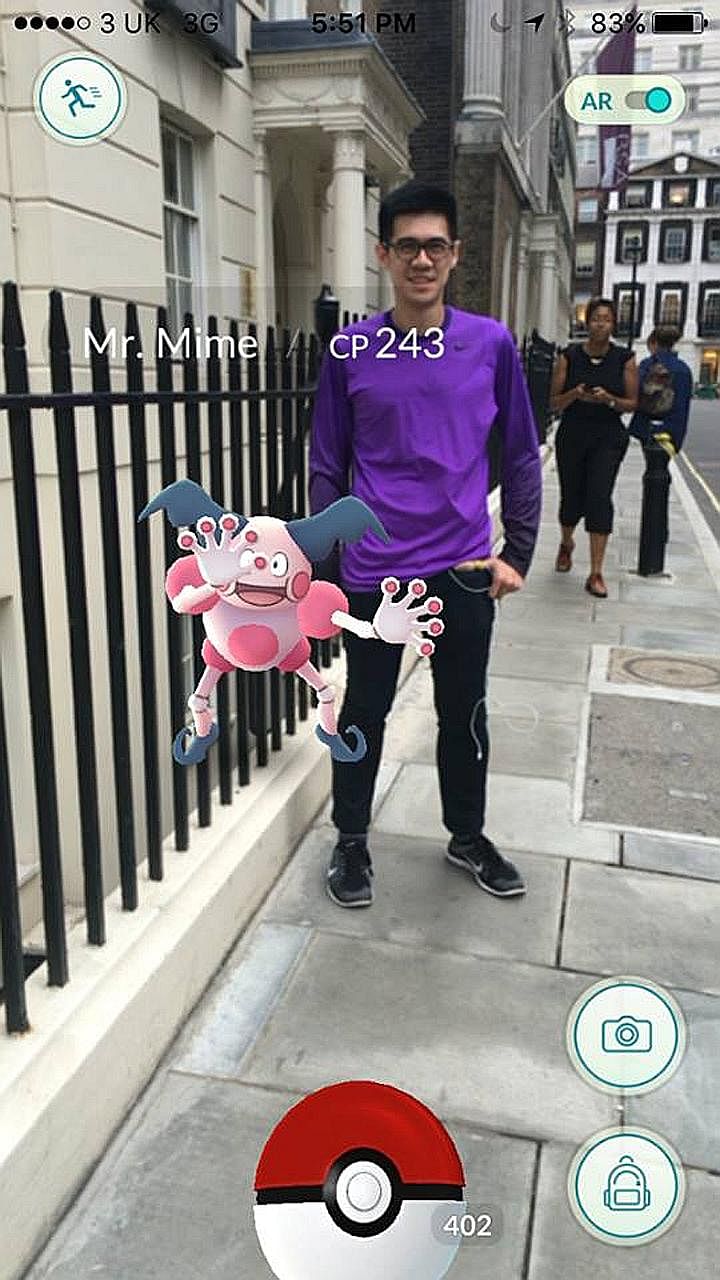 Mr Sim in a screenshot with the Europe-exclusive Pokemon, Mr Mime, outside Westminster Abbey in London. He managed to catch all 145 types of Pokemon in four weeks.