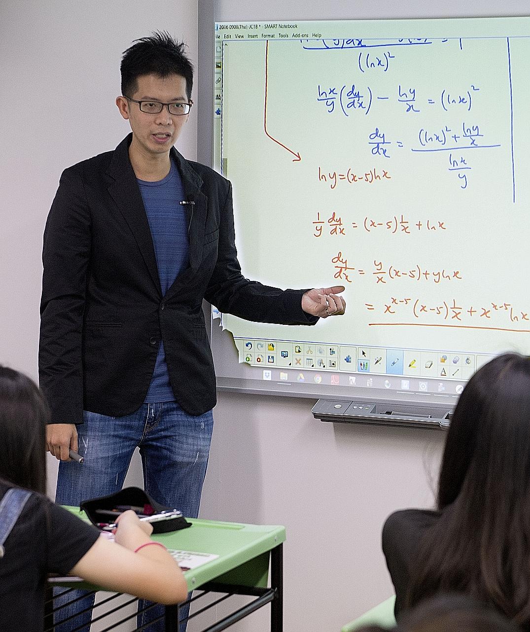 Mr Ang conducting a mathematics class for junior college students. He encourages students to create their own study notes, and, like other educators, said that studying on the day before an exam is too late.