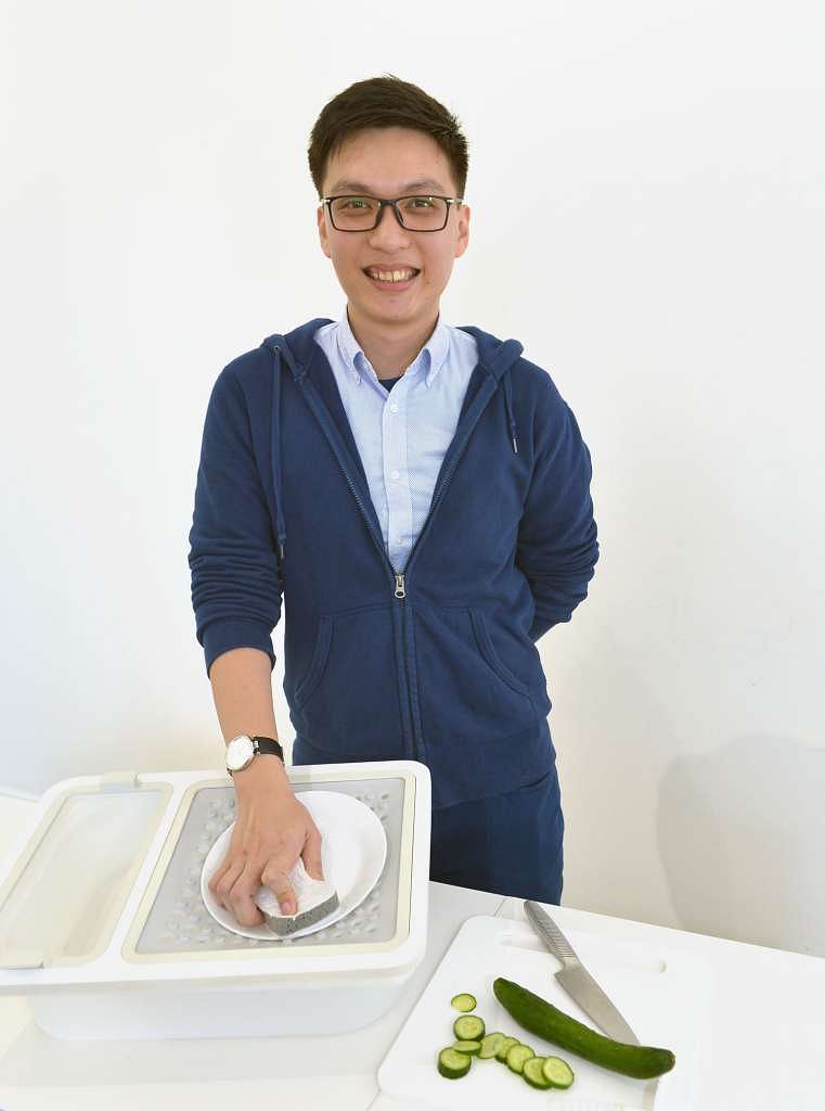 Mr Lim's modular Oneware project allows a person who has just one functioning arm to perform kitchen chores independently. 