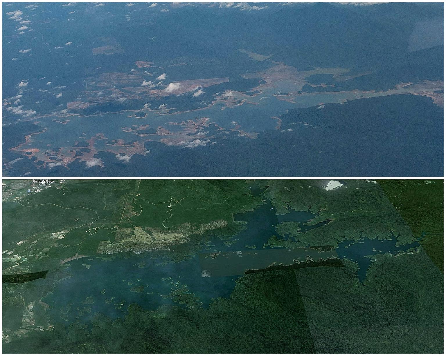 Top: An aerial photo of Linggiu Reservoir in Johor, which was only 25 per cent full two weeks ago. Above: The reservoir when full.