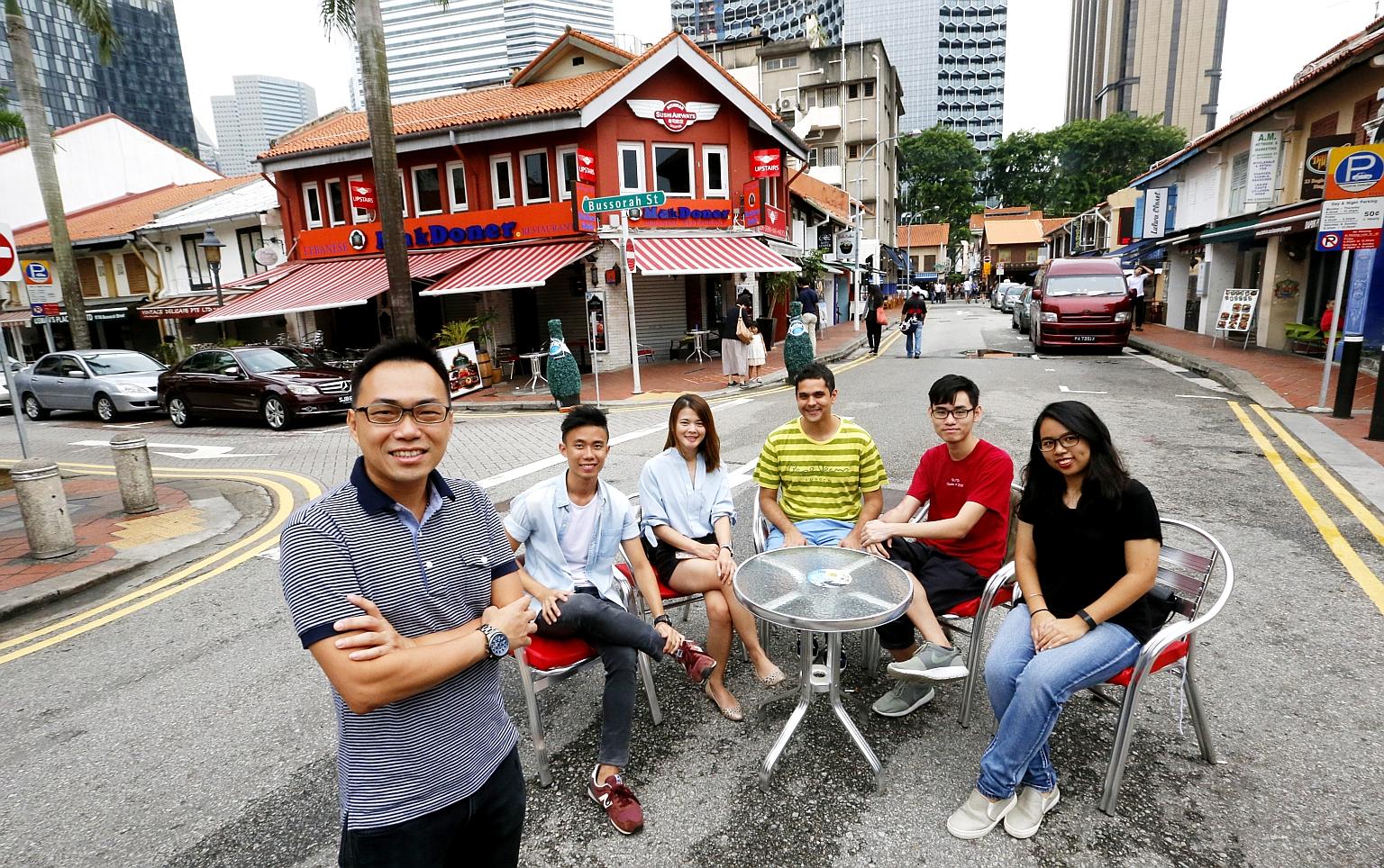 From left: Dr Chong Keng Hua and his SUTD students Loo Jun Wen, 21; Ha Tshui Mum, 26; Abhishek Bajaj, 24; Ho Zhi Yuan, 20; and Casandra Ong Shieh Ling, 18. They will be transforming spaces in Bussorah Street, Liang Seah Street and Sam Leong Road.